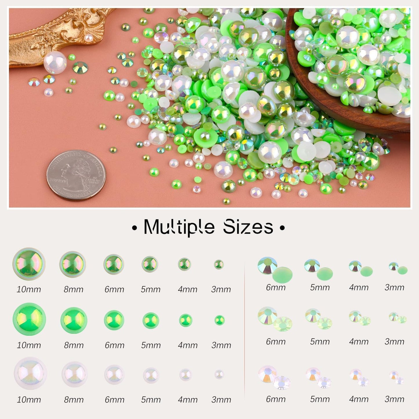 80g Flatback Pearls and Rhinestones for Crafting, Green 3-10mm Resin Rhinestones and Half Pearls for Bedazzling, Nail Art and Dec with 3pcs 10ml B7000 Jewelry Glue, Tweezer and Pickup Pencil