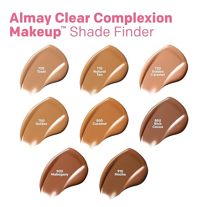 Almay Clear Complexion Acne Foundation Makeup with Salicylic Acid - Lightweight, Medium Coverage, Hypoallergenic, Fragrance-Free, for Sensitive Skin, 900 Mahogany, 1 fl oz.