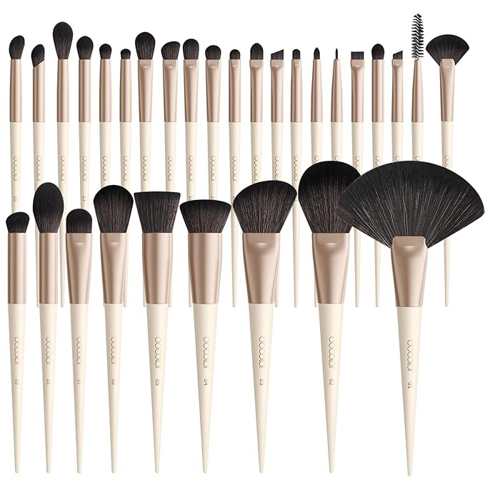 Docolor Makeup Brushes Set Professional 30Pcs Makeup Brushes Premium Synthetic Powder Kabuki Foundation Contour Blush Concealer Eye Shadow Blending Eyeliner Crease Eyebrow Make Up Brush Kit - Beige