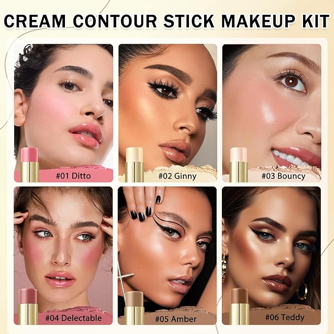 6 Colors Cream Contour Stick Makeup Kit, Double-ended Cream Highlighter Stick Bronzer and Blush Stick for Sculpt the Cheeks, Matte & Dewy Finish, Face Contour Kit for Beginners, Set A