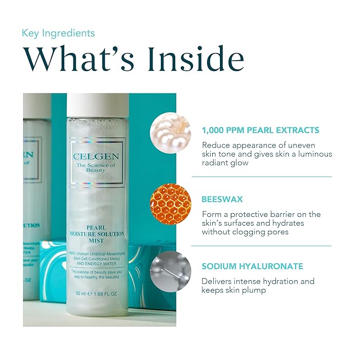 CELGEN] Pearl Moisture Solution Mist – 3-in-1 Toner, Makeup Primer & Setting Spray, Brightening & Hydrating Face Mist, 4.9 Fl. Oz./145ml