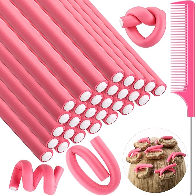 Syhood 30 Pcs 7'' Flexible Curling Rods Twist Foam Hair Rollers Soft Foam No Heat Hair Rods Rollers and 1 Steel Pintail Comb Rat Tail Comb for Women Long Short Hair(Pink,7 x 0.55 Inch)