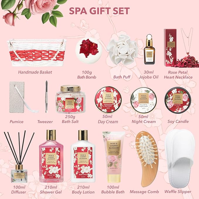 Mothers Day Gifts for Mom Rose & Cherry Blossom Spa Gift Set for Women - 19-Piece Luxury Bath & Body Care Kit with Necklace, DIY Chain, Shower Gel | Valentine's Day, Christmas Gifts for Her, Wife