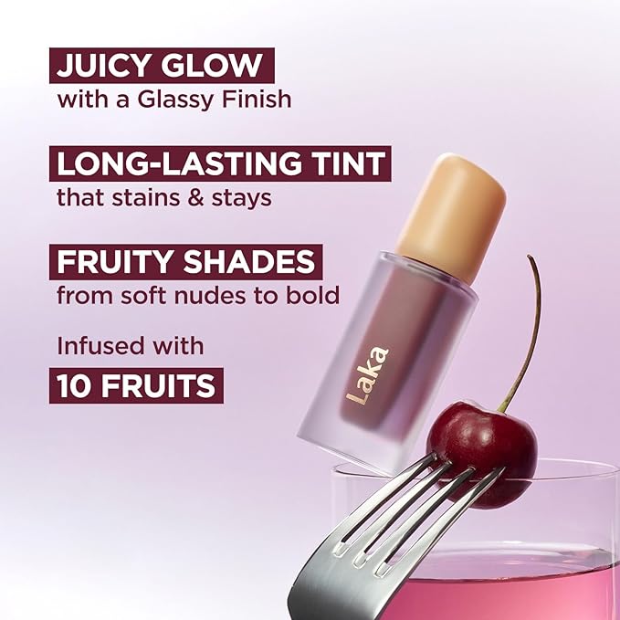 Laka Fruity Glam Tint, 4.5g/0.15 oz., Glowing Lip Stain with Wide Color Spectrum, Hydrating & Lightweight Texture, Long-Lasting Bold Stain, Non-Sticky, Vegan, K-Beauty (#123 Unsweet Berry)