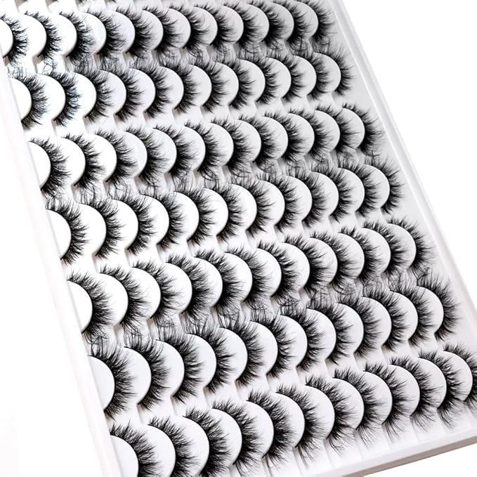 False Eyelashes 48 Pairs Faux Mink Lashes 14mm Wispy Lashes 3D Fluffy Cat Eye Lashes Pack Bulk Wholesale Strip Lashes(style 48-040)