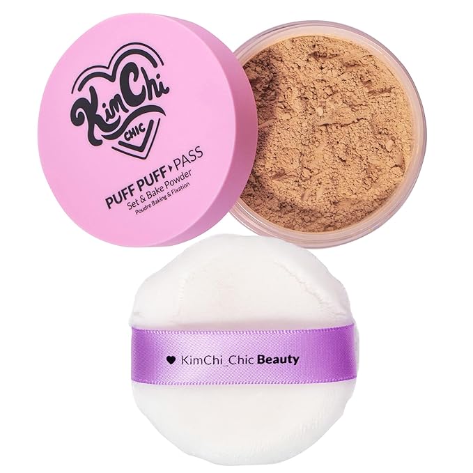 Kimchi Chic Beauty Puff Puff Pass Set and Bake Powder, Loose Face Powder with Extra Fluffy Setting Powder Puff, Soft Tan Face Makeup for Uneven Skin Tone, 05 Suntan