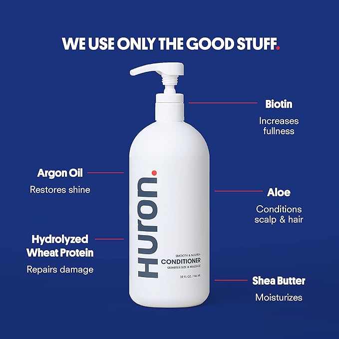 Huron Men’s Conditioner - Lightweight, Hydrating Conditioner - Eliminates Frizzy Hair, Moisturizes, & Restores Shine - Clean & Invigorating Scent - 100% Vegan Ingredients & Cruelty-Free - 32 Fl Oz