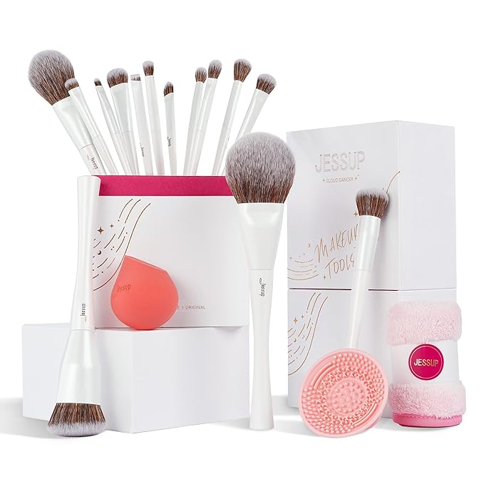 Jessup Makeup Brushes Set 14pcs Highend Makeup Gift Set for Women Include Foundation Concealer Blush Contour Powder Eye Shadow Brush, Makeup Sponge, Makeup Brush Cleaner and Towel, Pearl White T333