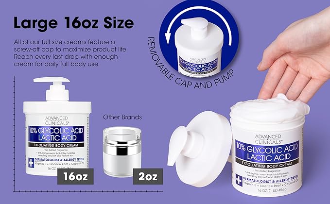 Advanced Clinicals 10% Glycolic Acid + Lactic Acid Lotion Exfoliant Moisturizing Cream With Hyaluronic Acid Moisturizer | AHA Exfoliating Body Cream Improves Look Of Uneven Rough Skin Texture, 16 Oz