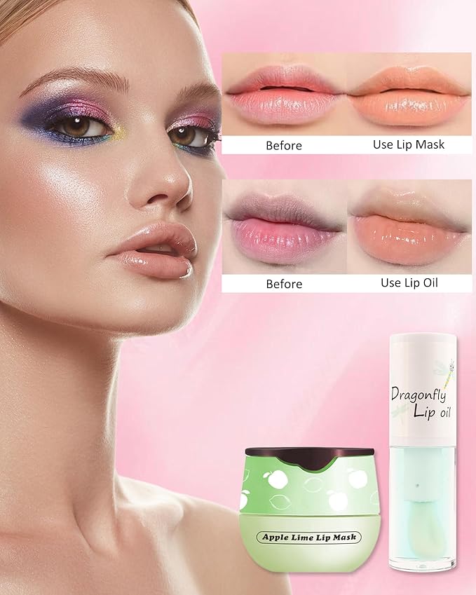 2Pcs Apple Lime Lip Bee Balm Honey Pot Lip Mask & Lip Glowy Oil Lip Gloss Care Set, Propolis Moisturizing & Nourish Lip Gloss Repair, Plump Dry Cracked Lip Scrub Exfoliator bálsamo para labios -Set D