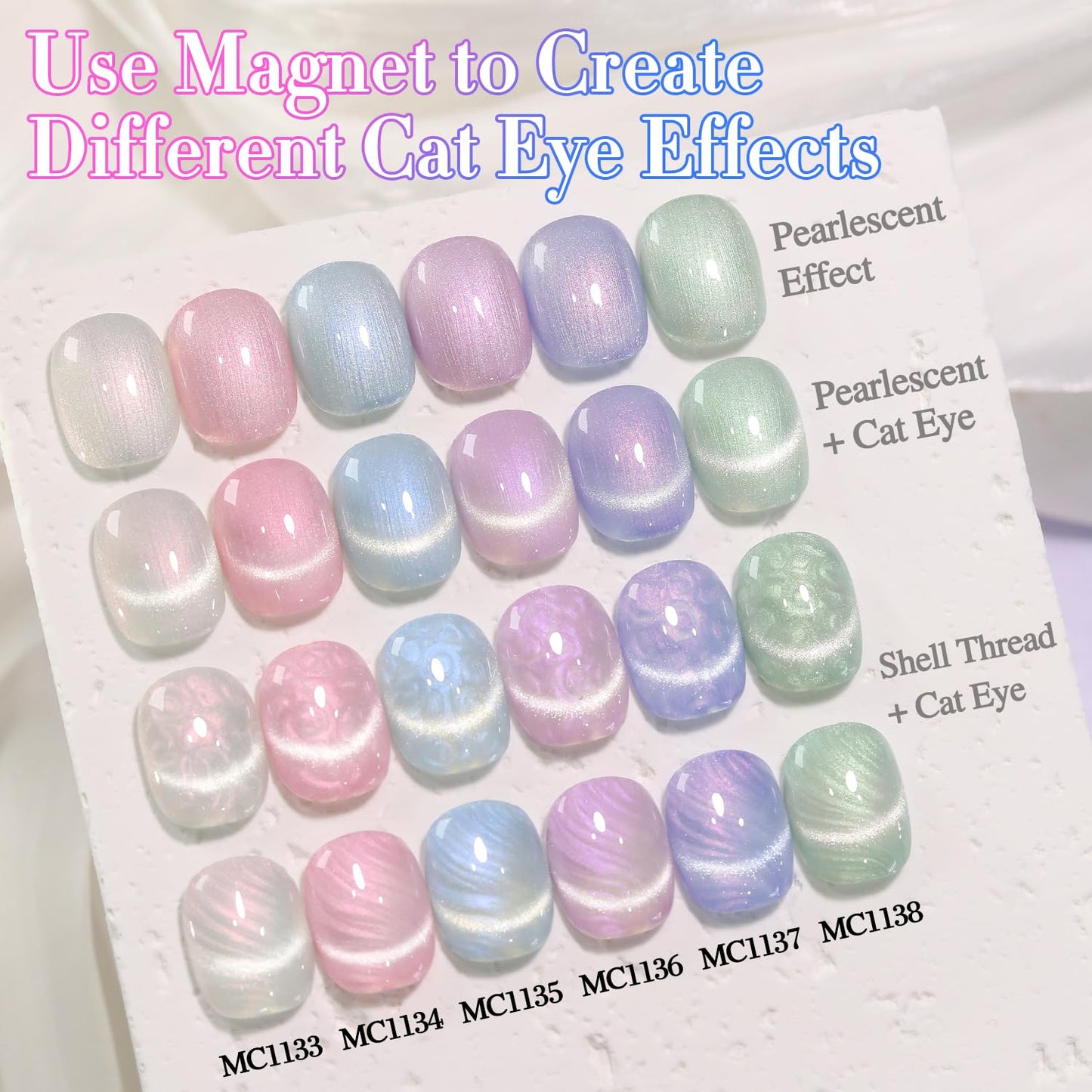 Double Rhythm Cat Eye Gel Polish Set 6 Colors Shimmer Glitter with Magnet Holographic Reflective Magnetic UV Nail Art Kit (Pearl Pink Blue Green Purple 6-Kit 44)