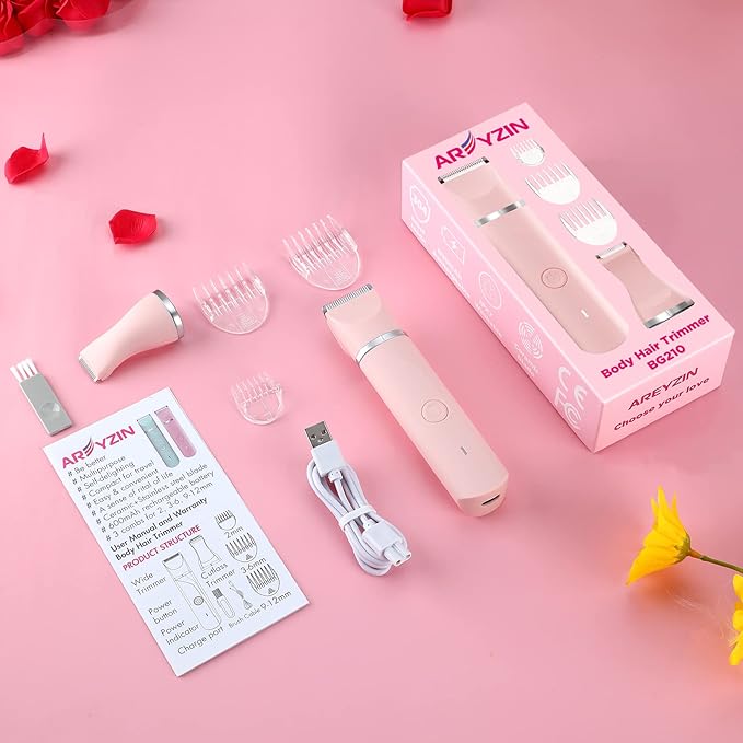 Bikini Trimmer for Women,Electric Razors Shaver for Bikini Legs Pubic Hair,Rechargeable Ladies Bikini Hair Trimmer Removal with Snap-in Ceramic Blades IP7X Washable Head,Wet and Dry Use,Pink