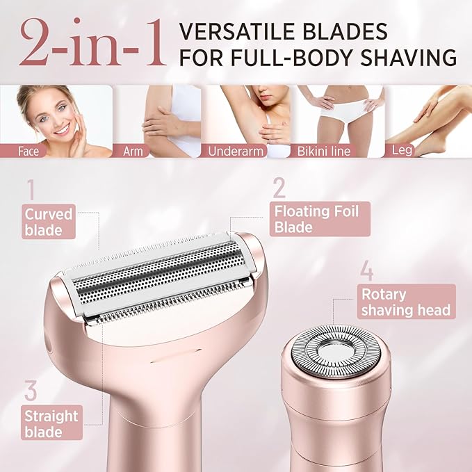 Electric Razor for Women Body: Rechargeable Painless Electric Shaver for Bikini Face Body Legs Underarms - 3-in-1 Blade and Rotary Shaving Head (Rose Gold)