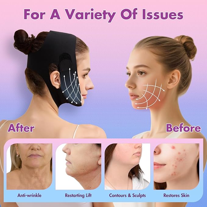 2 Pack Face Slimming Strap, Double Chin Reducer Band, Graphene V-Line Mask Chin Up Mask V Shaped Face Mask Chin strap for sleeping, V-Line Lifting Mask for Women, Medium, Black and Pink