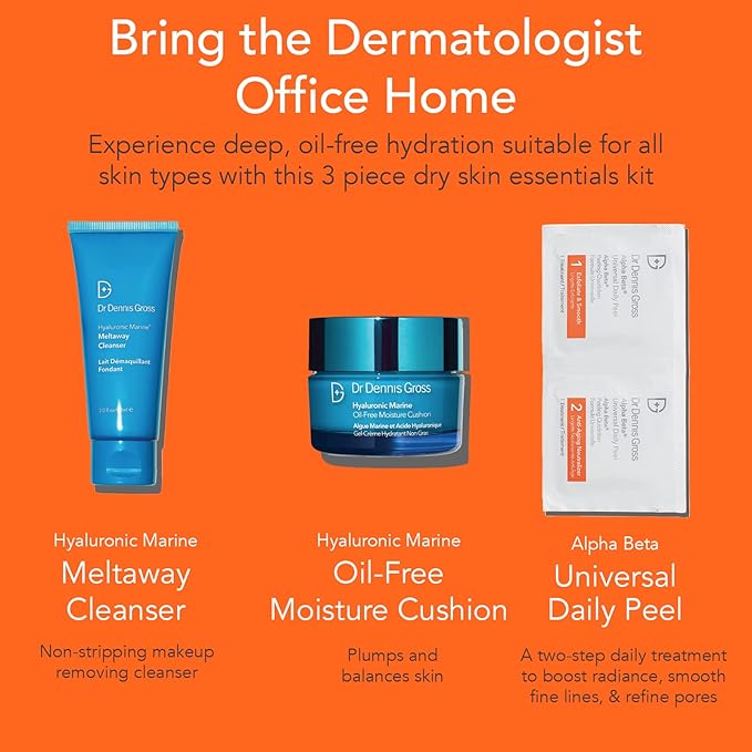 Dr Dennis Gross Plump It Up Kit: 3 Piece Dry Skin Essentials Set: Includes Hyaluronic Marine Moisture Cushion, Universal Daily Peel 10 App, Hyaluronic Marine Meltaway Cleanser