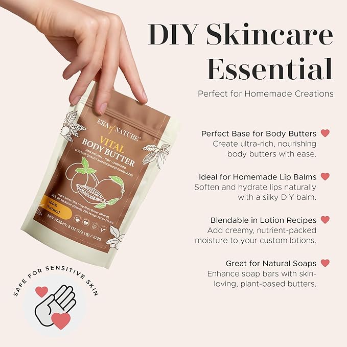 era of nature Organic Shea, Mango & Cocoa Body Butter – Raw, Unrefined, 100% Natural – Perfect Base for DIY Skincare, Body Butters, Lotions, Soaps & Lip Balms – Essential for Homemade Creations – 8oz