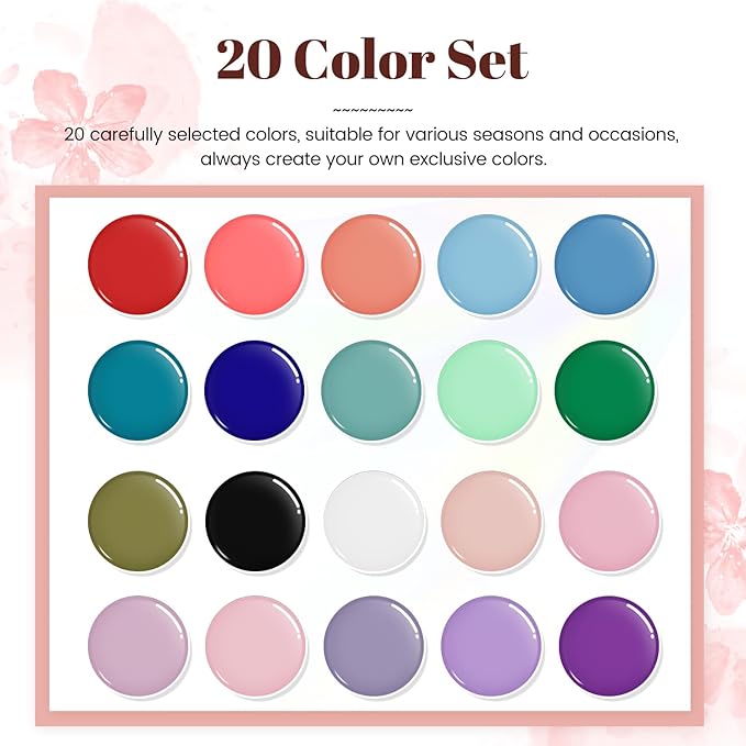 JODSONE 23 PCS Gel Nail Polish Set with Base Glossy and Matte Top Coat Multicolored Gel Nail Long Lasting Suitable for All Seasons