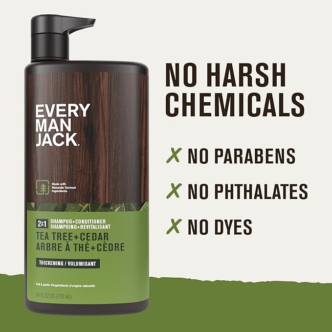 Every Man Jack 2-in-1 Tea Tree + Cedar Shampoo + Conditioner - Thicken, Cleanse, and Hydrate Hair with Coconut, Aloe, Tea Tree Oil - Naturally Derived and No Harmful Chemicals - 24oz -1 Bottle