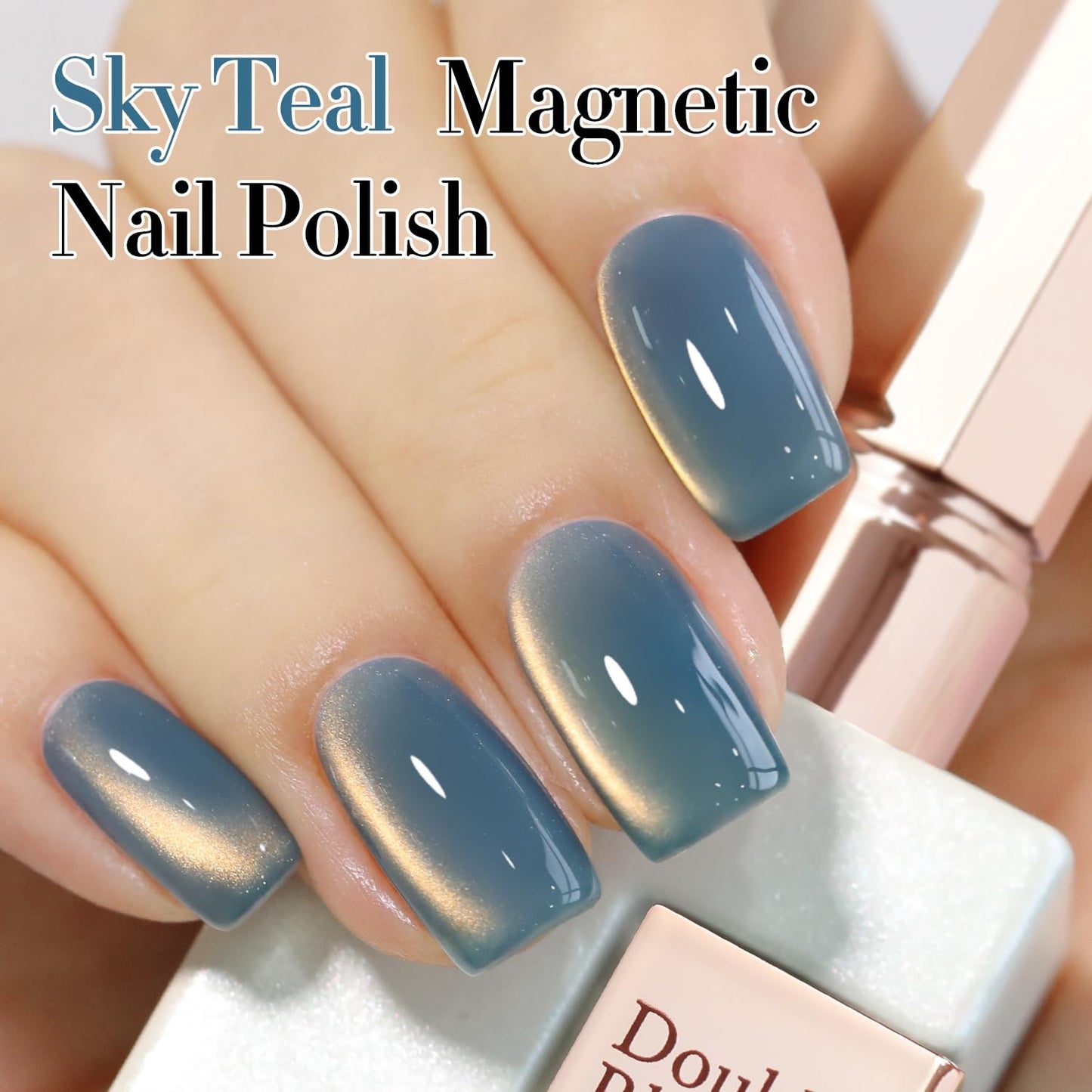 Double Rhythm 15ML Ice Glass Cat Eye Gel Polish with Magnet Holographic Glitter Shimmer Translucent Sheer Color Salon Soak Off Magnetic Nail at Home (SKy Teal-MC1132)
