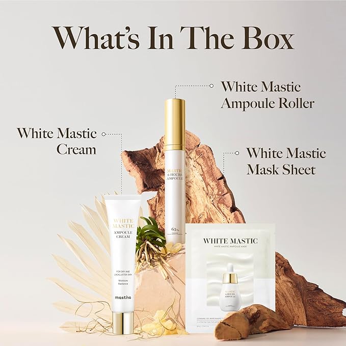 MASTINA White Mastic Essential Skin Care Set- Cream, Ampoule Massager Roller Stick & Sheet Mask Set for Skin Care. Korean Skin Care. Vegan Collagen, Beta-Glucan