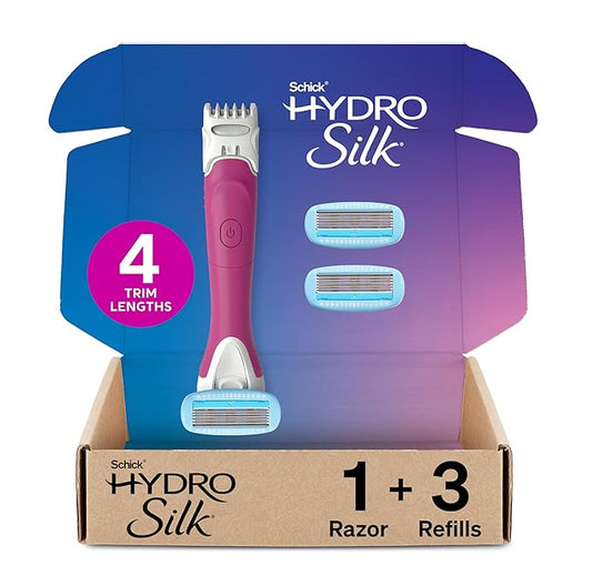 Schick Hydro Silk TrimStyle Razor with Bikini Trimmer for Women | 2-in-1 Bikini Razor for Women and Womens Trimmer for Pubic Hair, Includes 1 Waterproof Handle, 3 Refills & 1 AAA Battery
