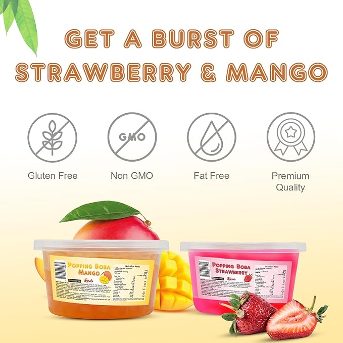 Fanale Strawberry Mango Popping Boba Pearls, Vegan, Non GMO, Gluten Free, Fat Free, Perfect for Bubble Tea, Smoothies, Ice Cream, Desserts, and Beverage 2 lb (1 lb X 2).