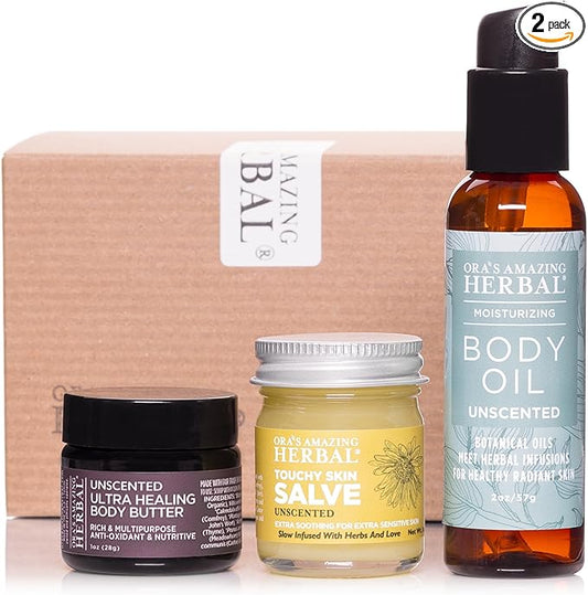 Ora's Amazing Herbal Unscented Moisturizer Travel Set, Touchy Skin Salve, Unscented Body Butter & Body Oil Set, Travel Size, Eczema and Senstivie Skin