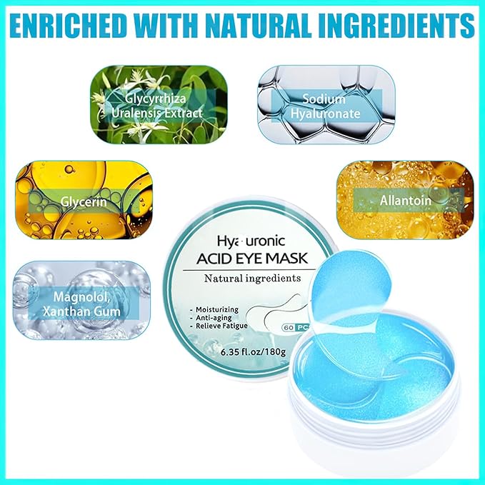 60 Pcs Under Eye Patches, 24K Gold Eye Masks, Collagen Anti Aging Eye Gel Pads, Moisturizing Eye Treatment for Puffy Eyes, Dark Circles, Wrinkles, Fine Lines, HYALURONIC ACID