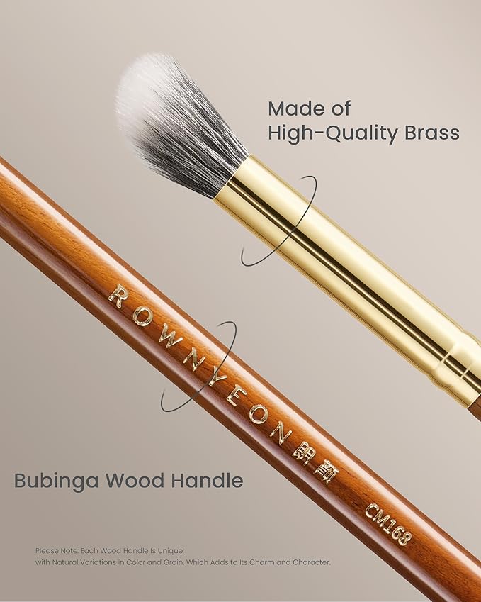 Desert Oak Series Stippling Brush - Dual-Length White & Gray LambsGoat Hair Bristles, Sloped Edge for Cream/Powder Perfection, Ebana Handle & Brass Ferrule (CM 168)