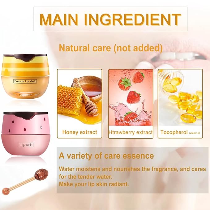 Bee Lip Balm Honey Pot, 4 PCS Strawberry & Honey Lip Masks Hydrating Prevention Dry and Cracked Lip Scrubs Exfoliator，Lip Sleep Mask Reduces Lip Lines，Lip Exfoliating Bee Lip Balm Sleeping Lip Mask