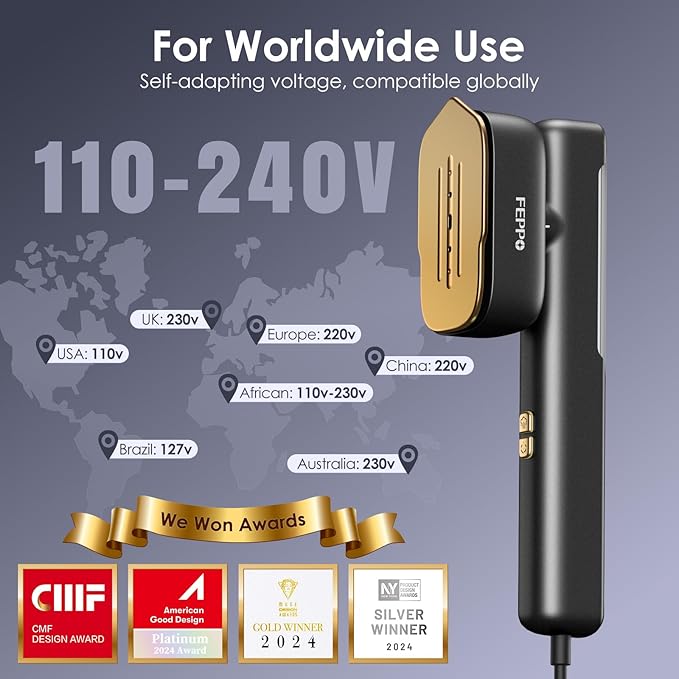 FEPPO Travel Steamer for Clothes, 110-240V Dual Voltage Portable Mini Steamer & Iron 2in1, 1100W Powerful Garment Steamer, Fast Heat Up, Travel Size, HD Display, for Home & Global & Europe Travel