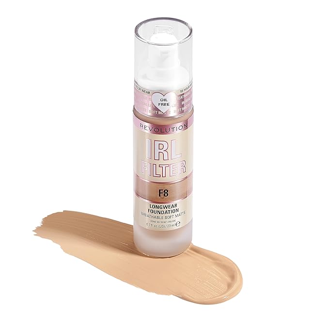 Revolution Beauty, IRL Filter Longwear Foundation, Soft & Breathable Formula, Medium to Full Coverage, Matte Finish, F8, 0.7 Fl. Oz