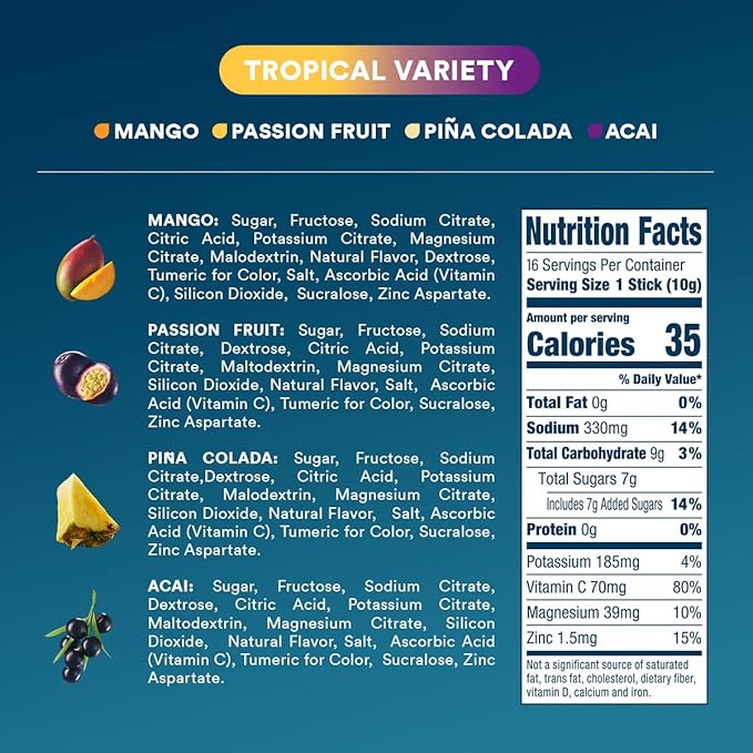 DripDrop Hydration Packets - Tropical Variety Pack - Single Serve Electrolytes Powder Drink Mix - Mango, Açaí, Passion Fruit, Piña Colada - Non-GMO, Gluten Free, Vegan - 16 Sticks