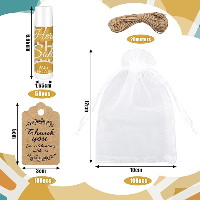 Demissle 50 Pcs Baby Shower Lip Balm Gift Set with 100 Pcs Organza Bags Baby Shower Party Favor for Guest Thank You Tag Rope Baby Shower Party Decoration Gender Reveal Souvenirs(Colorful Stripes)