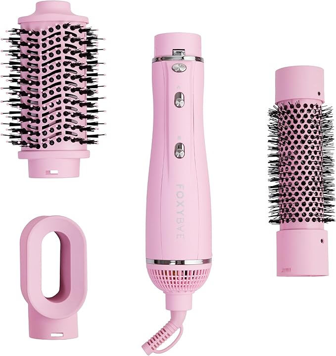 FoxyBae 3-in-1 Ceramic Interchangeable Hair Tools - Blowout Dryer - 3 Detachable Heads - 2.4" Blowout Brush, 1.5" Hot Round Brush & Drying Cylinder Hair Dryer Brush & Hair Styling Set [Party Pink]