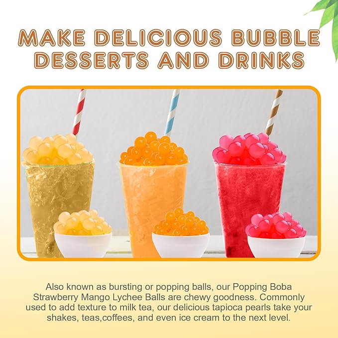 Fanale Strawberry Mango Lychee Popping Boba Pearls, Vegan, Non GMO, Gluten Free, Fat Free, Perfect for Bubble Tea, Smoothies, Ice Cream, Desserts, and Beverages 3 lb (1 lb X 3)