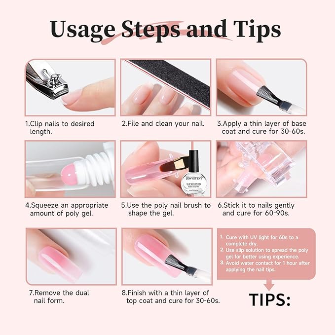 JEWHITENY Poly Extension Gel Nail Set Clear Pink Poly Nail Gel With Slip Solution Base Coat Top Coat French Manicure Need U V Lamp Curing for Finger Art and Home DIY