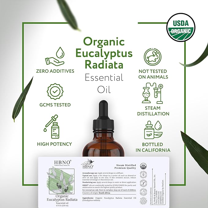 HBNO Organic Eucalyptus Radiata Essential Oil - 4 oz (120ml) - USDA Certified Organic Eucalyptus Radiata Essential Oil, Soap Making, DIY, Fragrances, Diffuser