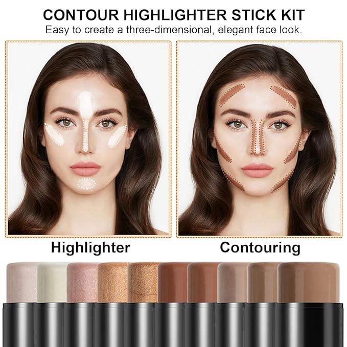 2Pcs Cream Contour Stick Makeup Kit, Cream Highlighter Stick and Bronzer Contour Stick with Longwear Waterproof Formula for Brightening and Trimming the Cheeks, Makeup Brush Include (#01, 10)
