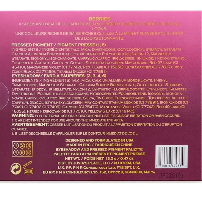 Juvia's Place Palette The Berries - Mauves, Deep Pinks, & Perfect Berry Hues, Professional Eye Makeup, Pigmented Palette for Eye Color & Shine, Pressed, Shades of 6