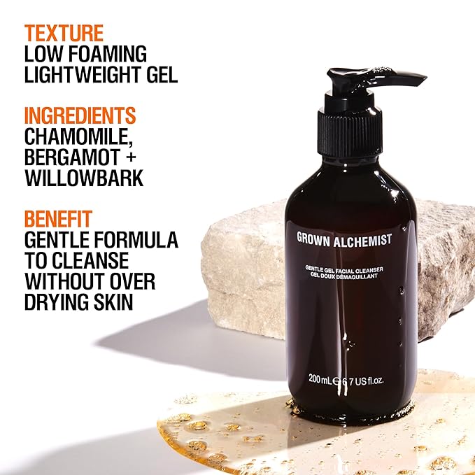 Grown Alchemist Gentle Gel Facial Cleanser with Bergamot and Rosebud. Hydrating Exfoliating Face Wash with Willow Bark, a Salicylic Acid Alternative. Natural Facewash for Men and Women