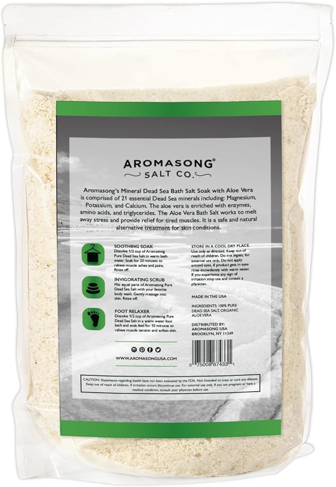 Aromasong 5 lbs Raw Dead Sea Salt with Organic Aloe Vera, not Cleaned, Still Contains All Dead sea Minerals Including Dead sea Mud, Fine Medium Grain Large resealable Bulk Pack (Packaging May Vary)