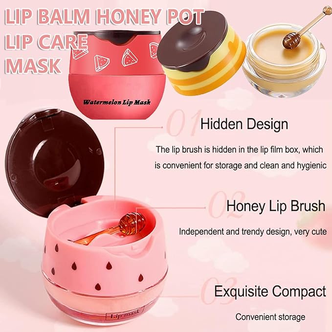 3PCS Lip Balm Honey Lip Balm, Honey Pot Lip Balm Sleeping Lip Mask with Brush, Hydrating & Prevention Dry and Cracked, Lip Scrubs Exfoliator & Moisturizer
