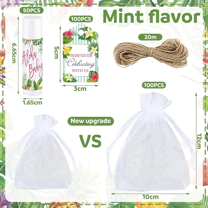 Demissle 50 Pcs Baby Shower Lip Balm Gift Set with 100 Pcs Organza Bags Baby Shower Party Favor for Guest Thank You Tag Rope Baby Shower Party Decoration Gender Reveal Souvenirs (Tropical)