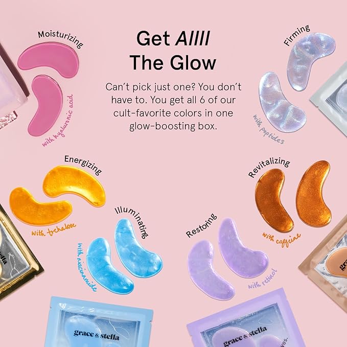 grace & stella Under Eye Mask Variety Pack - 18 Pairs of Under Eye Patches for Dark Circles - With 6 Colors (3 Pairs/Color) - Gel Masks Puffy Eyes for Women - Vegan Cruelty Free Bridesmaid Gifts