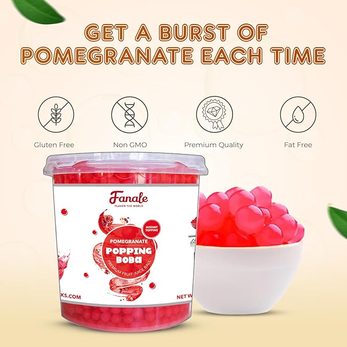 Fanale Pomegranate Popping Boba Pearls, Vegan, Non GMO, Gluten Free, Fat Free, Perfect for Bubble Tea, Smoothies, Ice Cream, Desserts, and Beverages.