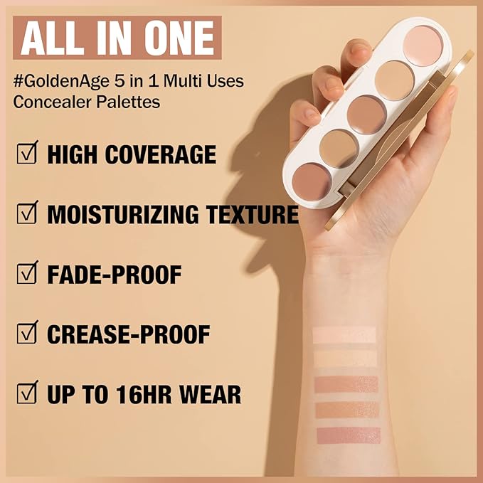 FOCALLURE #GoldenAge 5 in 1 Multi Uses Concealer Palette, 5 Colors Correcting Conceal Palette, Camouflage Contour Palettes for Dark Circles, Face Contouring Highlighter Pallet, 01 LIGHT-MEDIUM