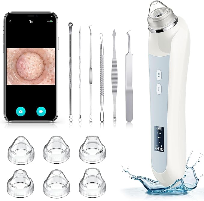 Facial Pore Blackhead Remover Vacuum, 1080P Camera Blackhead Remover, 20x Zoom, 8 LEDs ＆ 3 Suction Modes, 800mAh Battery & USB - 6 Heads Pore Cleaner Kit for Women&Men(White)