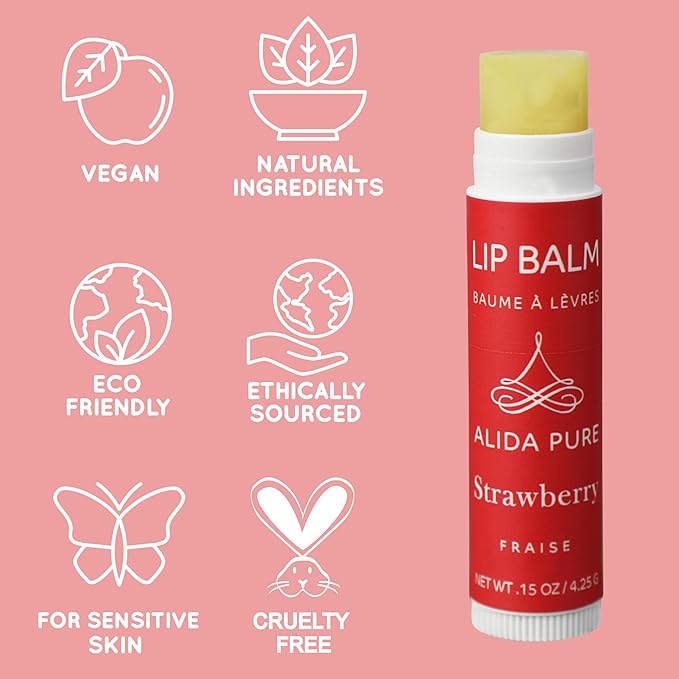 Strawberry Lip Balm Collection, Vegan Lip Balm Set, Beeswax Free, with Avocado Oil, Organic Jojoba Oil, and Vitamin E, Natural Moisturizer for Dry, Chapped Lips, 3 Tube Set