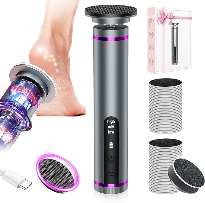 Electric Callus Remover for Feet, 3 Speeds Electric Foot Callus Remover with Powerful Brushless Motor, 2600mAh Runs for 7Hours, Washable Nano Glass Head, 60 Pcs Sandpaper Discs, Gift for Women & Men